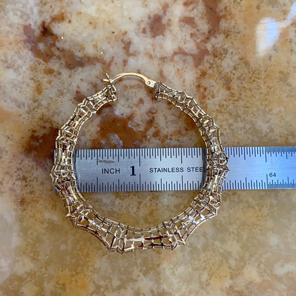 Gold plated large hoop mesh Round Earrings 2” inch - Picture 3 of 7